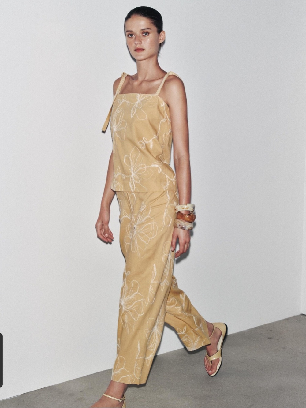 Zara Tan Floral Wide-Leg Pants and Tank Set
